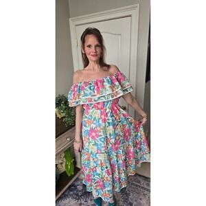 Sweet Generis Floral Eyelet Off The Shoulder Maxi Dress Multi Color Ruffle